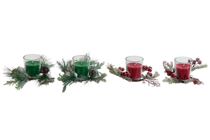 Set de 2 Velas Decorativas Navideñas con Pino y Piñas - Vela Roja y Verde en Portavelas de Cristal, 60gr cada una, Adorno Natural para Mesas Festivas