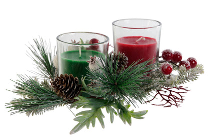 Set de 2 Velas Decorativas Navideñas con Pino y Piñas - Vela Roja y Verde en Portavelas de Cristal, 60gr cada una, Adorno Natural para Mesas Festivas