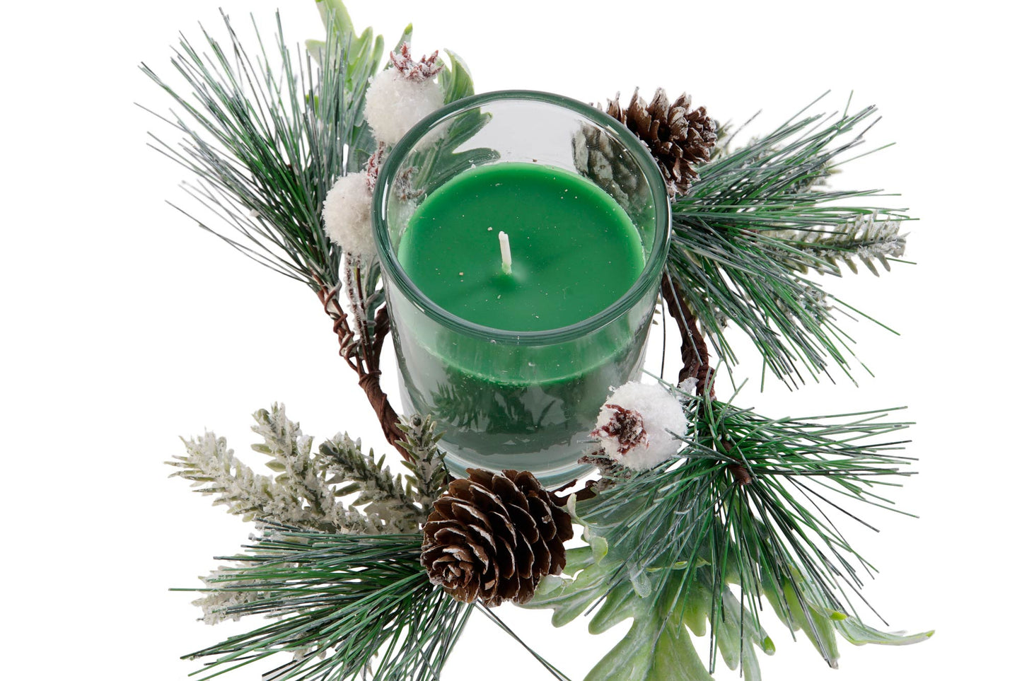 Set de 2 Velas Decorativas Navideñas con Pino y Piñas - Vela Roja y Verde en Portavelas de Cristal, 60gr cada una, Adorno Natural para Mesas Festivas