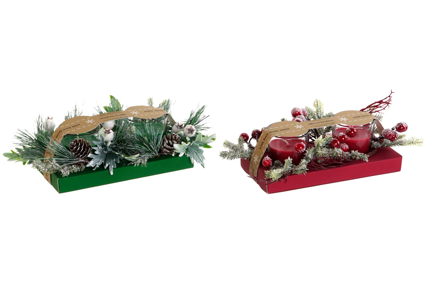 Set de 2 Velas Decorativas Navideñas con Pino y Piñas - Vela Roja y Verde en Portavelas de Cristal, 60gr cada una, Adorno Natural para Mesas Festivas