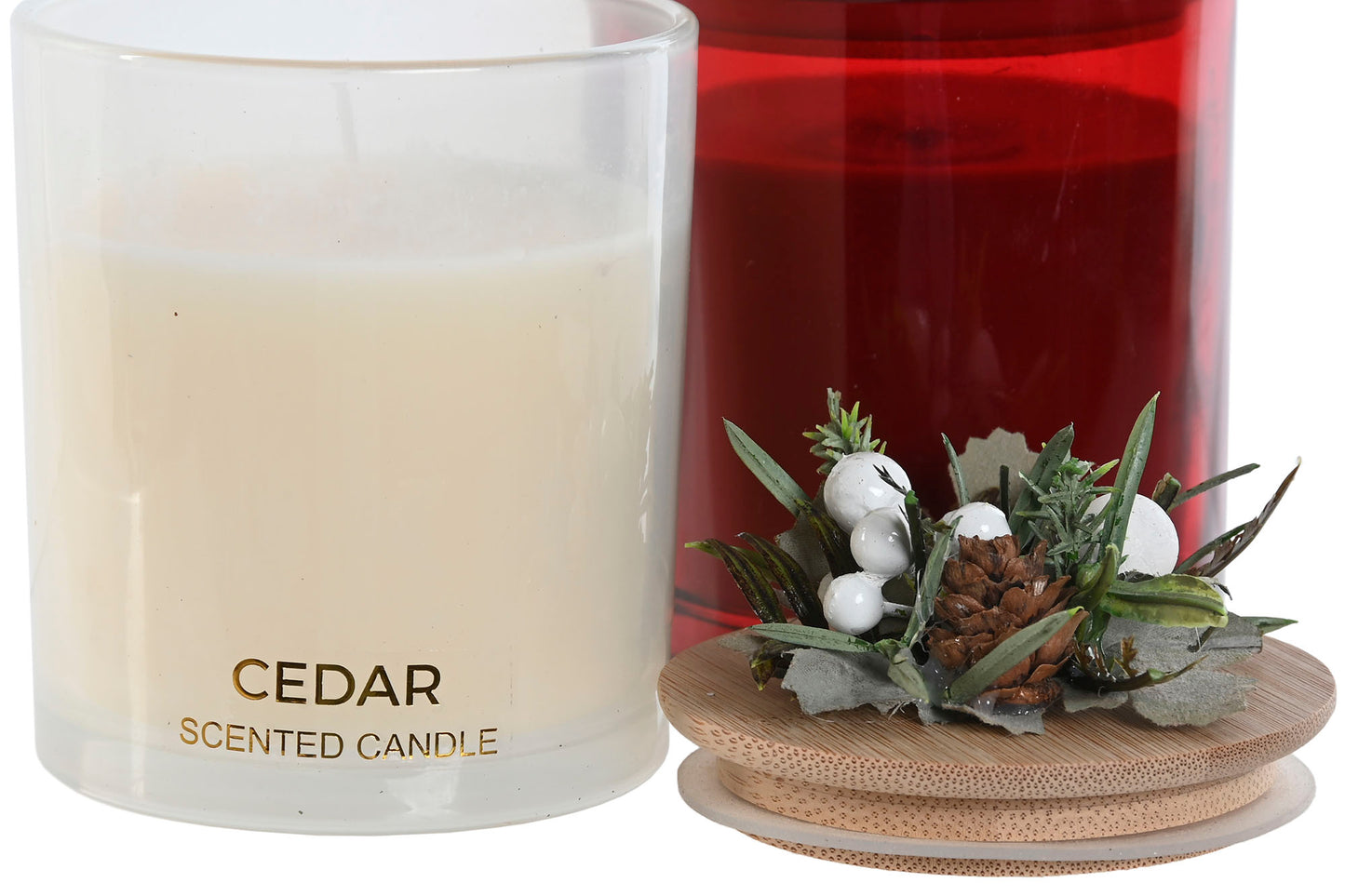 Vela Aromática de Cera en Cristal con Tapa Decorada – 2 Fragancias: Cedro y Frutos Rojos