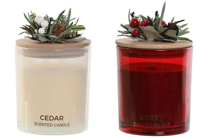 Vela Aromática de Cera en Cristal con Tapa Decorada – 2 Fragancias: Cedro y Frutos Rojos