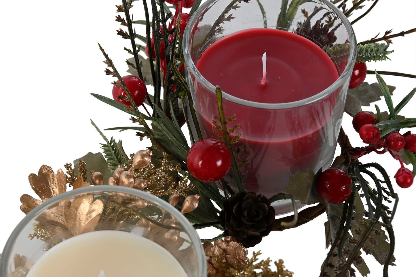 Velas de Navidad Decorativas con Soporte de Cristal y Detalles Naturales – Juego de 2