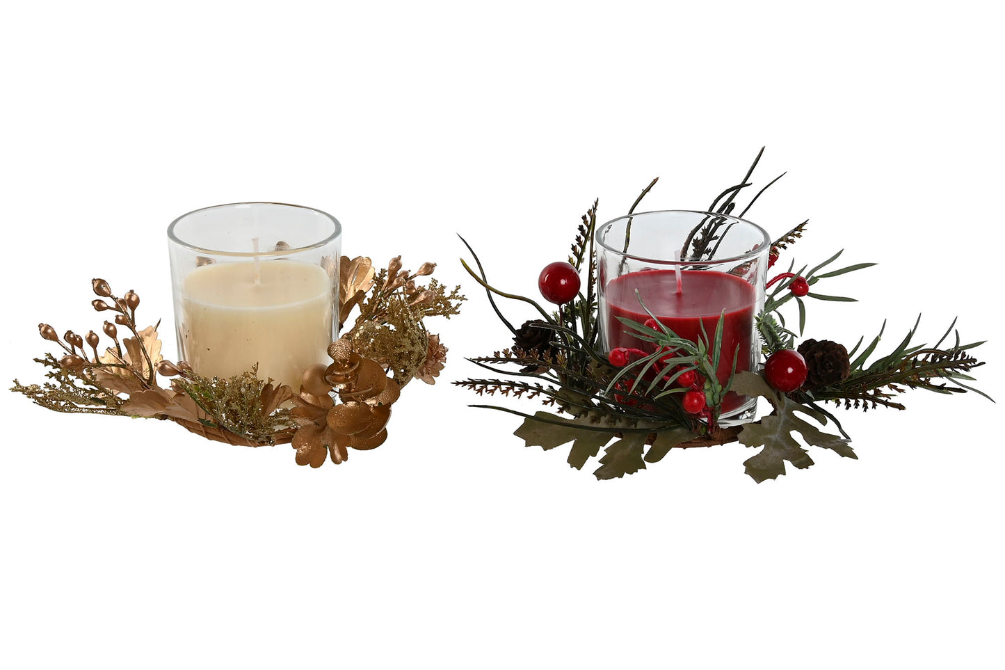 Velas de Navidad Decorativas con Soporte de Cristal y Detalles Naturales – Juego de 2