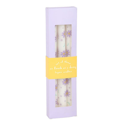 Juego de 3 velas cónicas con margaritas moradas