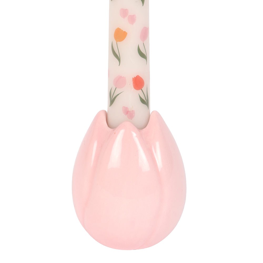 Candelabro decorativo en forma de tulipán rosa de cerámica