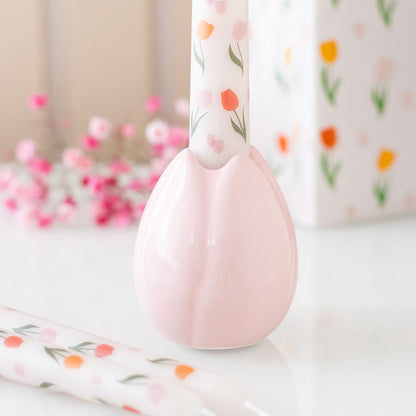 Candelabro decorativo en forma de tulipán rosa de cerámica