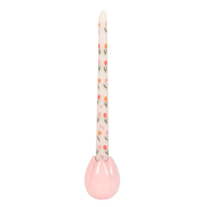 Candelabro decorativo en forma de tulipán rosa de cerámica