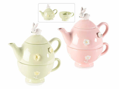 Set Tetera y Taza de Pascua con Conejito y Flores en Cerámica