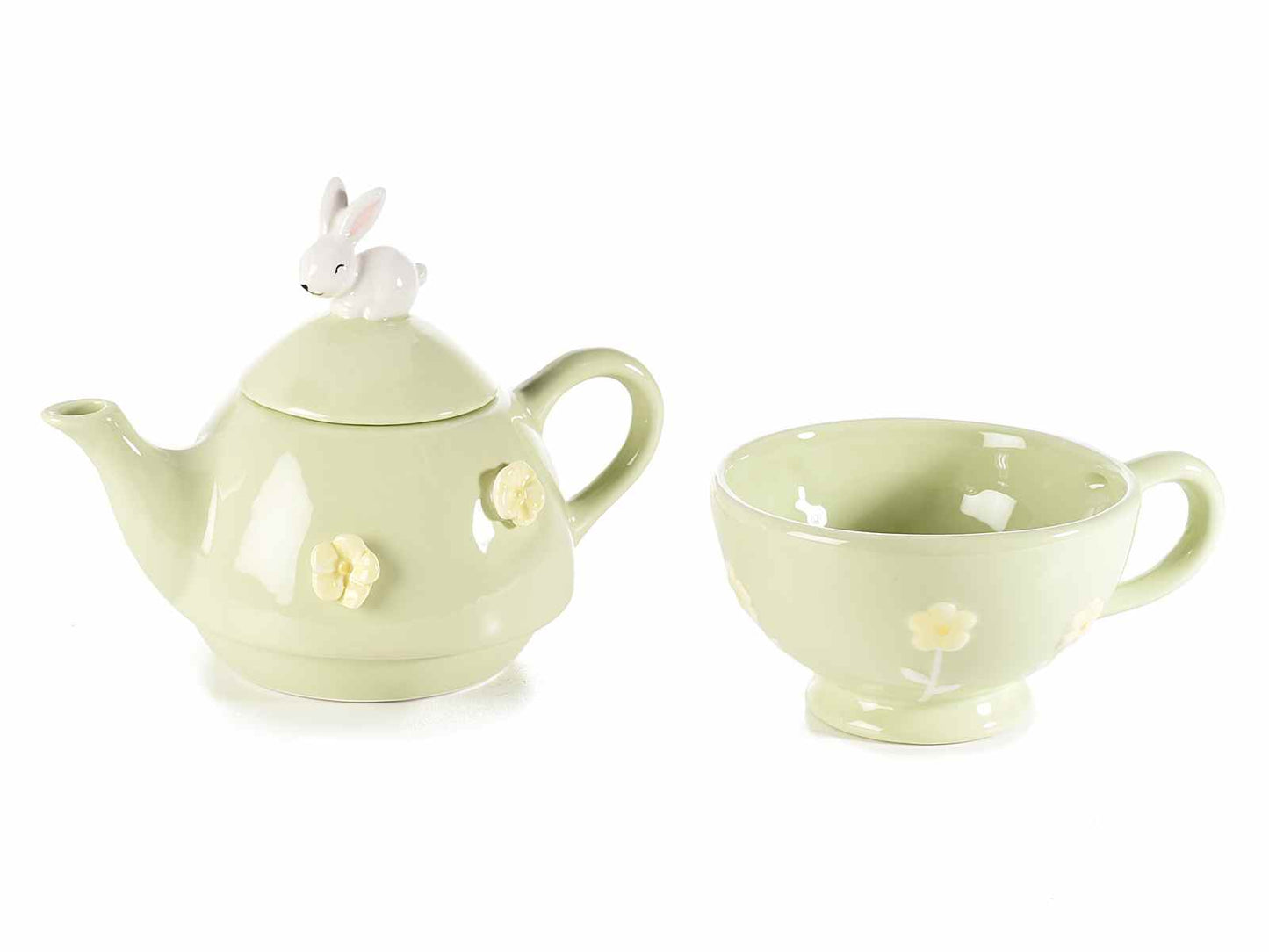 Set Tetera y Taza de Pascua con Conejito y Flores en Cerámica