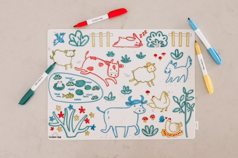 Scribble “En la Granja” Tapete Reutilizable con 4 Rotuladores