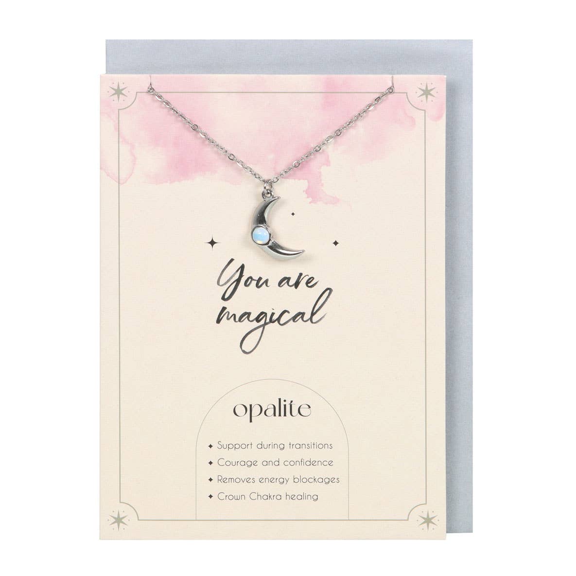 Collar de luna creciente de opalita en tarjeta de felicitación