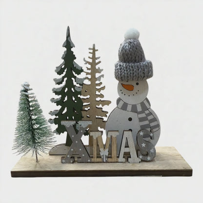 Figura Navideña de Madera XMAS con Muñeco de Nieve y Árboles