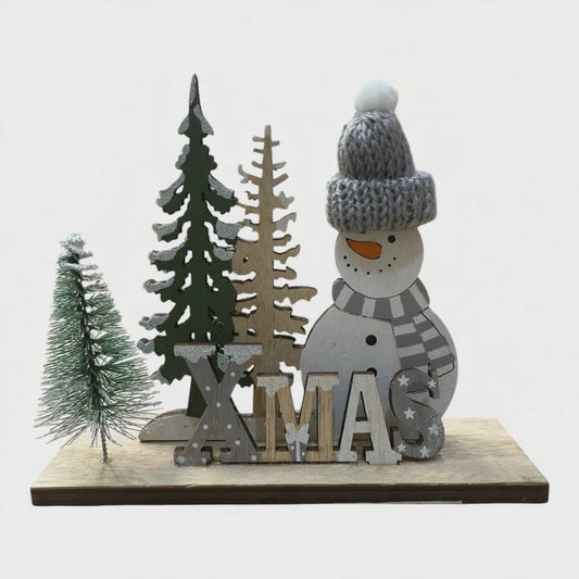 Figura Navideña de Madera XMAS con Muñeco de Nieve y Árboles